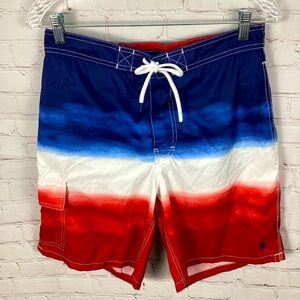 Polo Ralph Lauren Mens Ombre Swim Trunks Size M Red White Blue Tie Pockets Lined